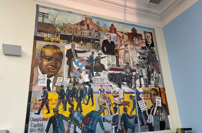 “Forces of Pullman Labor” mural by Bernard Williams is on display at the Chicago Public Library in Pullman, and it depicts Pullman’s labor history.