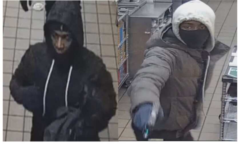 Police released images of two suspects wanted in connection with the armed robberies.