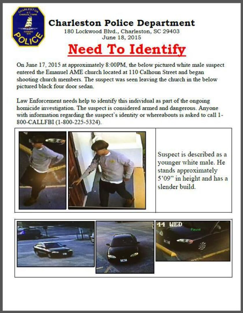 Charleston police released this flyer early Thursday morning with a person of interest in the mass shooting that left nine dead in a black church.