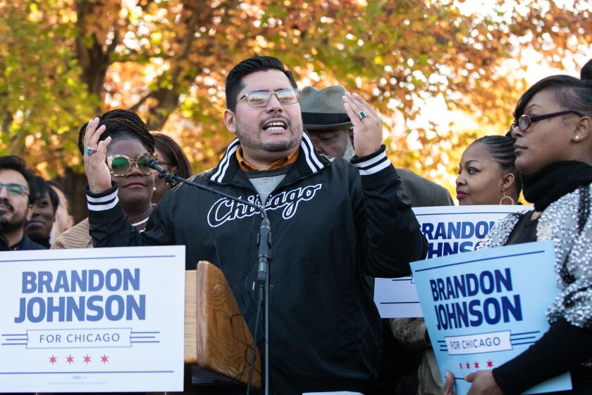 Ald. Carlos Ramirez-Rosa (35th) speaks during a news conference in which then Cook County Commissioner Brandon Johnson announced that he is running for mayor of Chicago in October.
