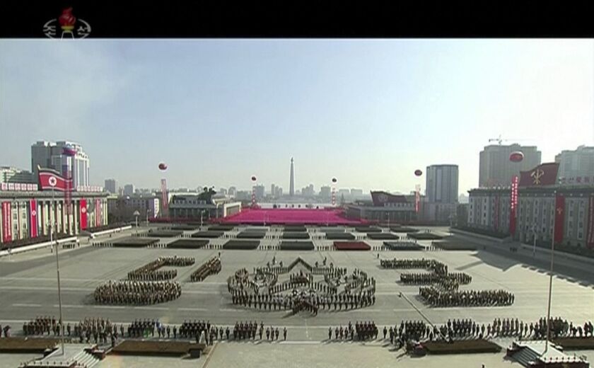 In this image made from video by North Korea’s KRT, a military parade is held in Pyongyang, North Korea on Thursday. | via AP