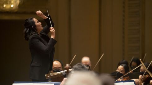 The CSO’s Sir Georg Solti Conducting Apprentice Lina González-Granados leads the Chicago Symphony Orchestra and soloist Anne-Sophie Mutter in Beethoven’s Violin Concerto in D Major on Thursday night at Symphony Center.