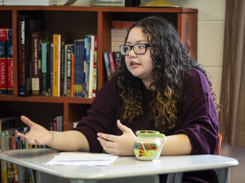 Samira Rivera, a student in Instituto Justice and Leadership Academy’s history class, “Chicago: A Struggle for Equity,” discusses their campaign to push for more Latino representation at the Chicago History Museum, Monday afternoon, Nov. 18, 2019.