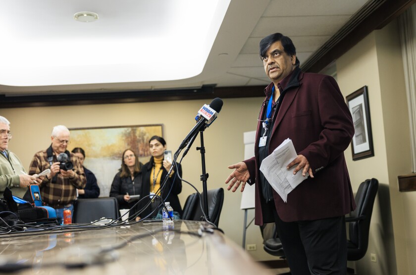 Resilience Healthcare CEO Manoj Prasad explains the financial situation at West Suburban Medical Center during a news conference Wednesday about the hospital’s temporary closure and plans to try to reopen it.