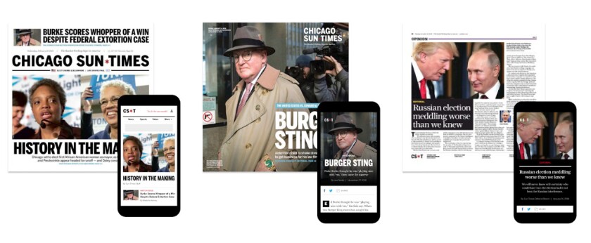 Examples of how layouts in print editions of the Sun-Times might look on the paper’s new mobile website. | Vox Media