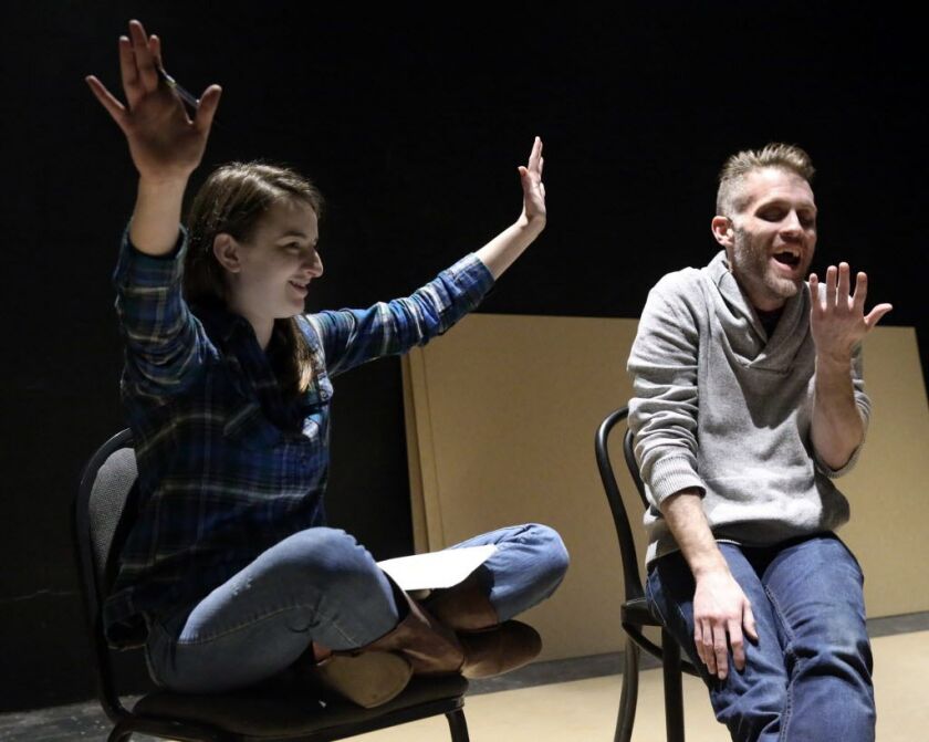 Becca Savoy and Jay Worthington rehearse ‘Love, America’ at the Gift Theatre in Chicago, Thursday December 29, 2016. | Kevin Tanaka/For the Sun-Times