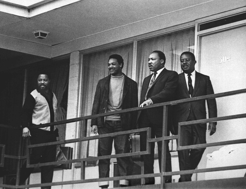 The Rev. Martin Luther King Jr. stands with other civil rights leaders on the balcony of the Lorraine Motel in Memphis, Tenn., on April 3, 1968, a day before he was assassinated at approximately the same place. From left are Hosea Williams, Jesse Jackson, King, and Ralph Abernathy.