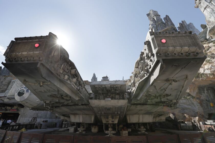 A view near the entrance to the Millennium Falcon Smugglers Run ride is seen during a preview of the Star Wars-themed land, Galaxy’s Edge in Hollywood Studios at Disney World.