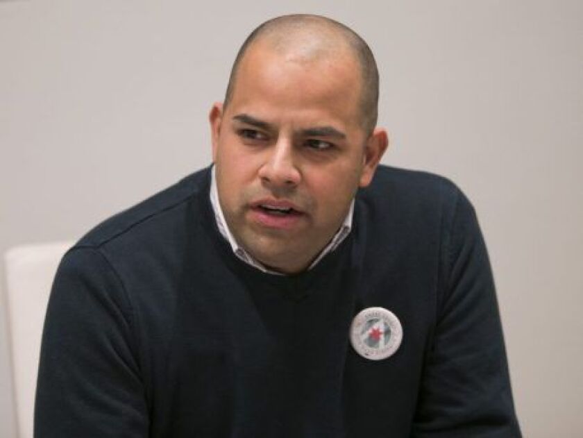 40th Ward aldermanic candidate Andre Vasquez addresses the Sun-Times Editorial Board in December. File Photo. | Rich Hein/Sun-Times