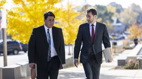 Gregory Ticsay (left) and Anton Trizna, public defense attorneys for Robert Crimo III, walk into the Lake County Courthouse at 302 Washington Street in Waukegan, Illinois, Tuesday, November 1, 2022.