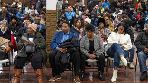 Ald. Jason Ervin (28th) and Monique Scott (24th) attend an emergency town hall meeting to offer Property Tax Relief resources to West Side homeowners in the basement of New Mount Pilgrim Missionary Baptist Church, Monday, Dec. 8, 2025.