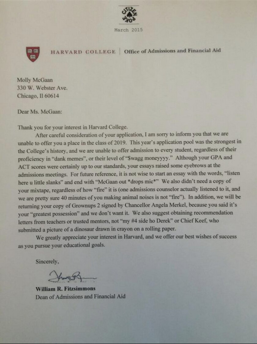 <small><strong>Molly McGaan’s fake rejection letter</strong></small>