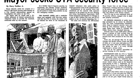 Mayor Michael Bilandic proposed adding 100 "transit security aides" to the CTA following rising transit crime and the fatal stabbing of a passenger at the Oak Park Austin station.