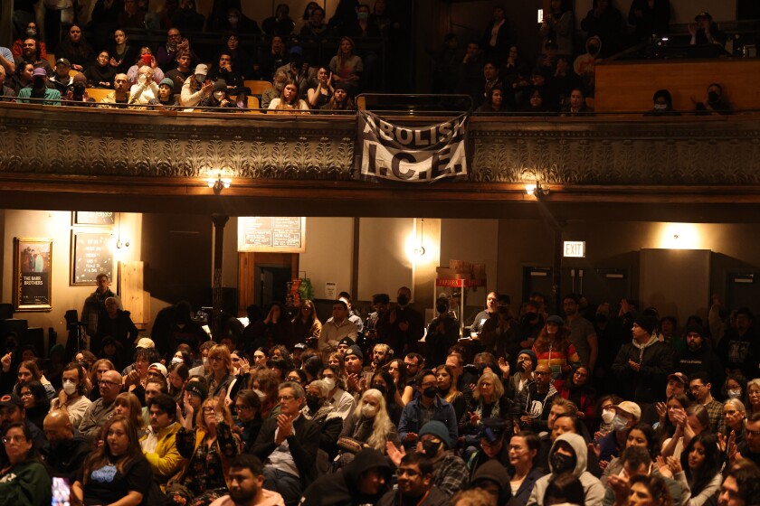 Chicago residents pack Thalia Hall Thursday for a special meeting held by the Community Commission for Public Safety and Accountability on Chicago police's interactions with federal law enforcement agents.| Candace Dane Chambers/Sun-Times.