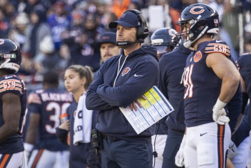 Bears head coach Ben Johnson stands on the sidelines during the fourth quarter against the Pittsburgh Steelers at Soldier Field, Sunday, Nov. 23, 2025.