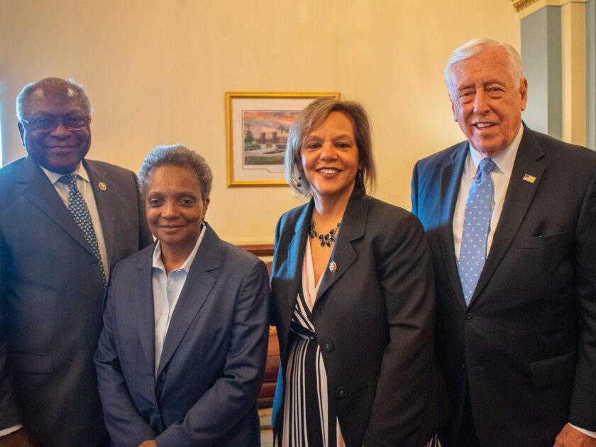 Mayor-elect Lori Lightfoot also met with other House leaders Tuesday, including (left) Rep. James Clyburn, D-S.C., and Rep. Steny Hoyer, D-Md., joined by an early endorser, Rep. Robin Kelly, D-Ill. Said Kelly, “I want her to meet the leadership. It’s impo