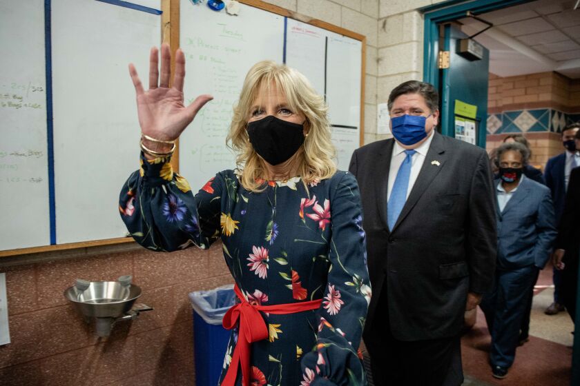 First lady Jill Biden was joined Wednesday by Gov. J.B. Pritzker and Mayor Lori Lightfoot during a tour of Arturo Velasquez Institute in Little Village.