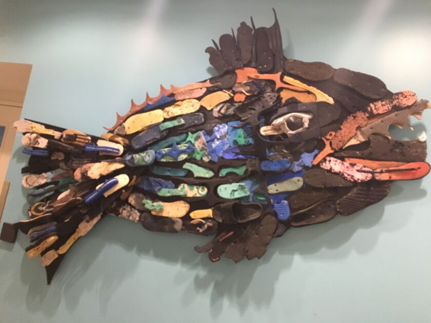 This fish was made out of abandoned shoes found along the west coast. | Madeline Kenney/Sun-Times