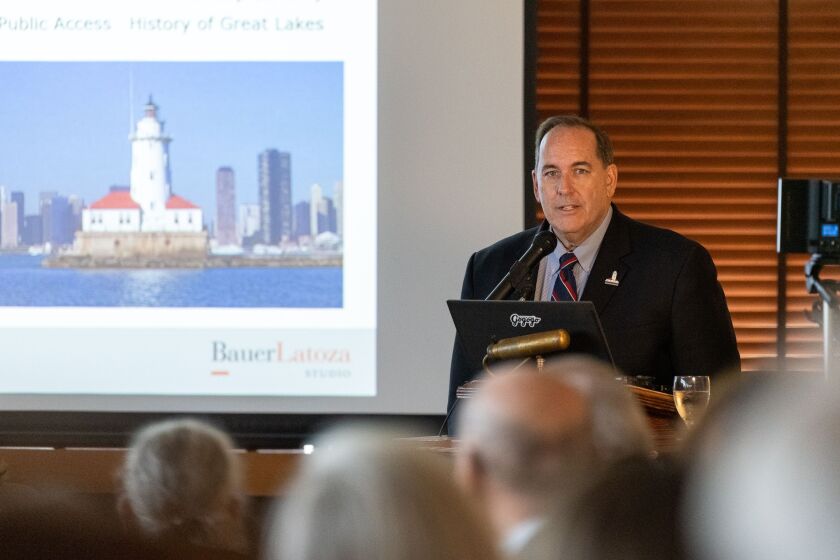 Kurt Lentsch Chief Dreamer &amp; President of the Friends of the Chicago Harbor Lighthouse speaks a presentation on the history and efforts to restore the Chicago Harbor Lighthouse at the Cliff Dweller’s Club, Wednesday, May 24, 2023.