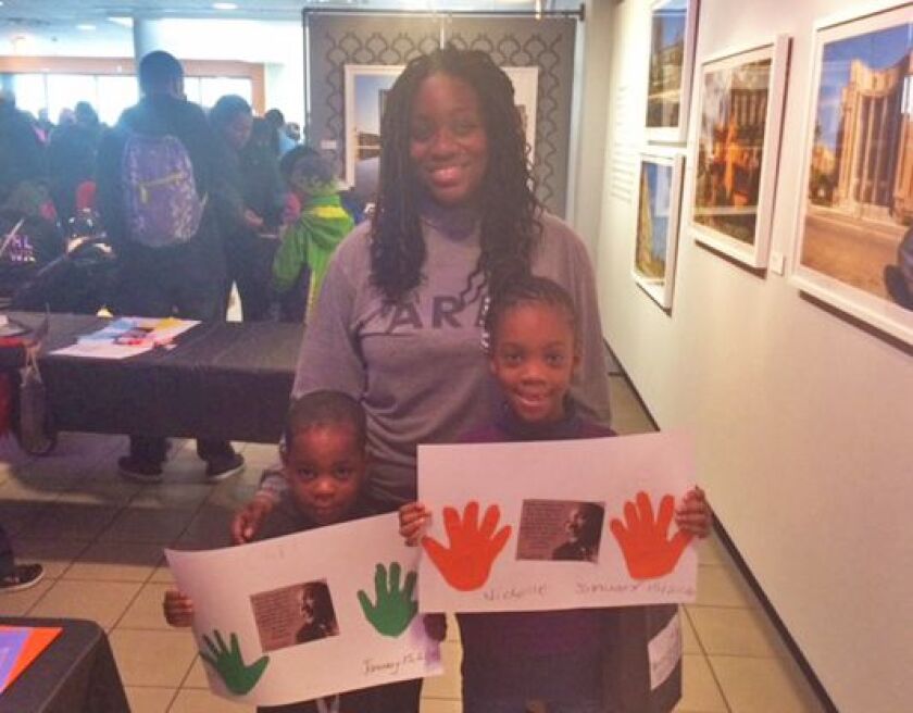 C.J. Johnson, 4 (left), his sister Nichelle, 7, and mom Aleia did crafts at DuSable Museum Monday. | Provided photo