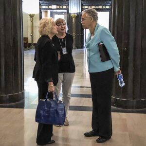 Cook County Board President Toni Preckwinkle pauses to talk with Illinois Supreme Court Justice Anne Burke, left, and Hanke Gratteau, director of the Sheriff’s Justice Institute, after visiting bond court Tuesday to highlight improvements. | Neil St