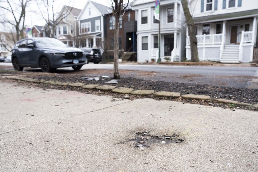 The “Chicago rat hole,” which some argue is an imprint of a squirrel, is seen near 1918 W. Roscoe Ave. in the Roscoe Village neighborhood, Wednesday, Jan. 10, 2024. The “Chicago rat hole” has received a lot of attention on social media.