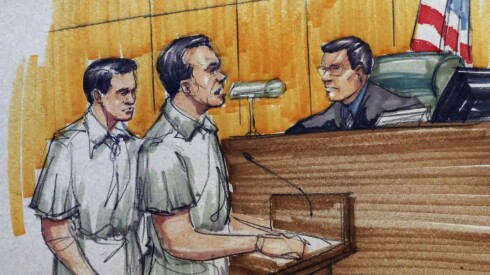 A courtroom sketch showing Pedro Flores (left) and his twin brother and former partner in crime Margarito Flores appearing before then-U.S. District Judge Ruben Castillo in Chicago in 2015.