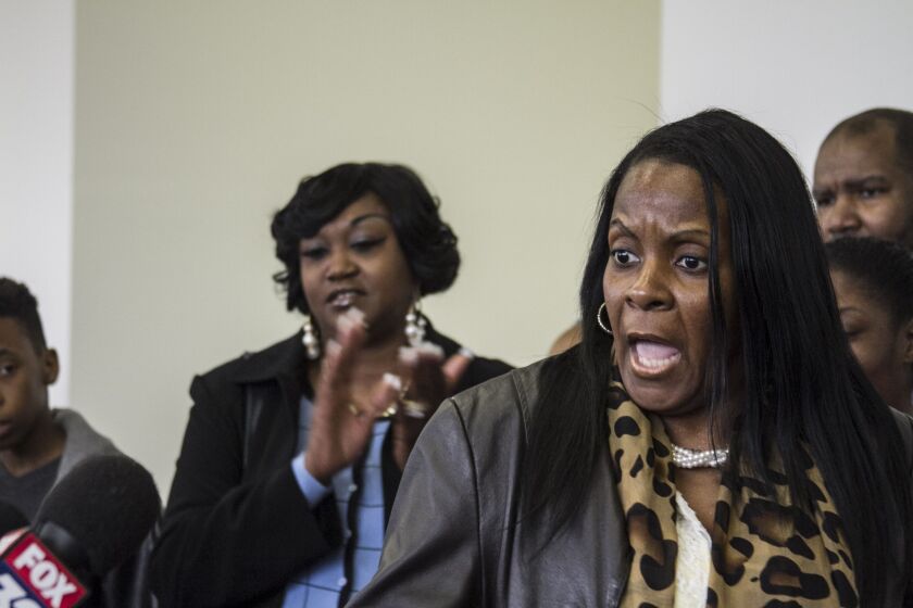 Rosalind Harvey, mother of a CPS student, reacted angrily after the court hearing at which a judge rejected The Chicago Board of Education’s bid for a preliminary injunction over how the state funds school districts. | Maria Cardona/Sun-Times