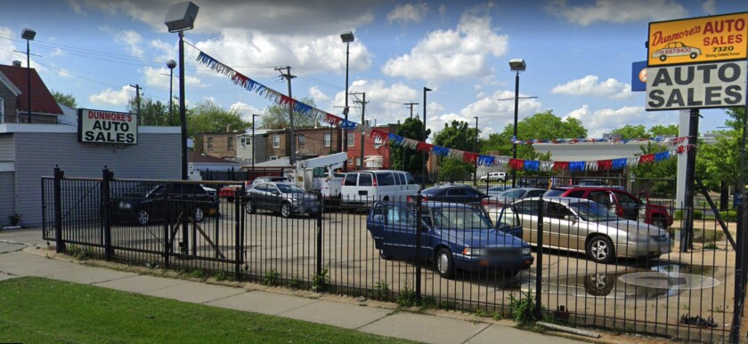 Dunmore’s Auto Sales, 7320 S. Stony Island Ave., where James Kelley was shot to death on Aug. 5.