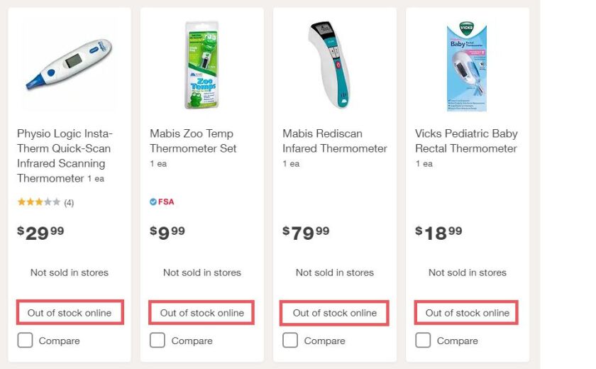 Screenshot of a Walgreens.com thermometers search with “out of stock” notations highlighted.