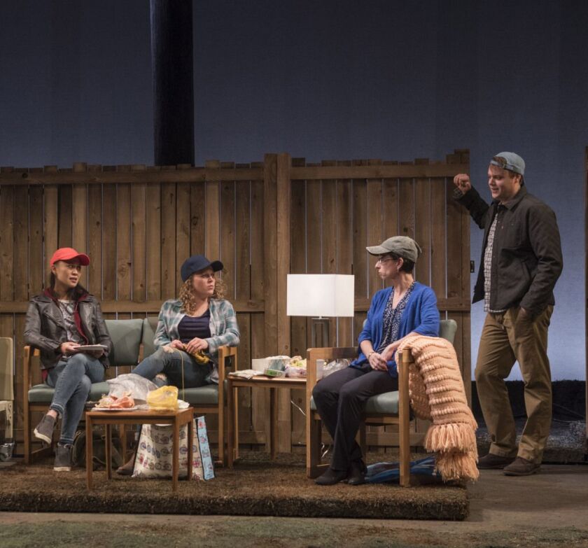 Emjoy Gavino (Jenny, from left), ensemble member Caroline Neff (Mae), Audrey Francis (Hannah) and David Lind (Matthew) in Steppenwolf’s Chicago premiere production of “You Got Older,” written by Clare Barron and directed by Jonathan Berry. | Michael Brosi