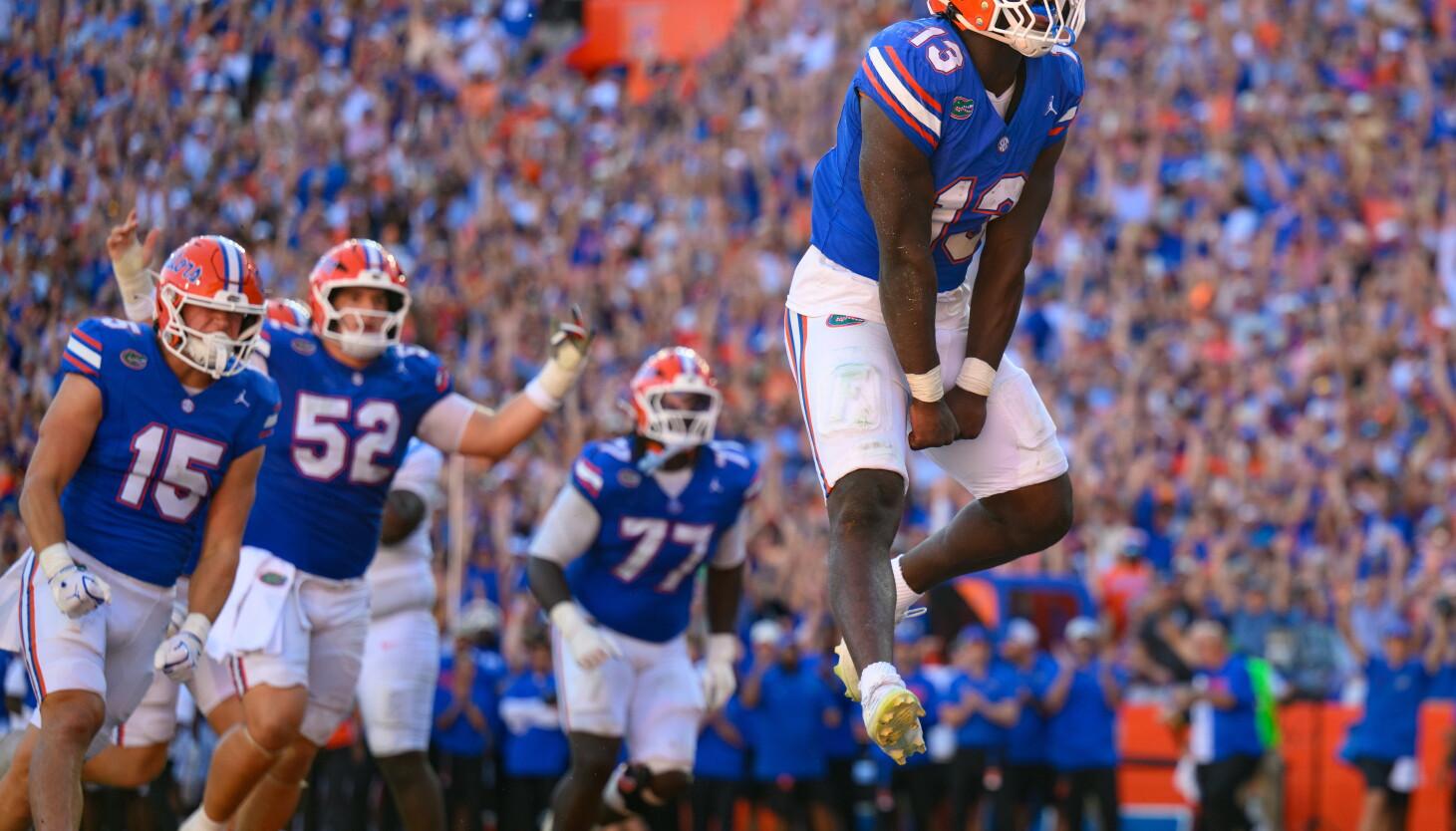 Photo: chicago.suntimes.com Florida running back Jadan Baugh (13) jumps in celebration after rushing for a touchdown during the first half against