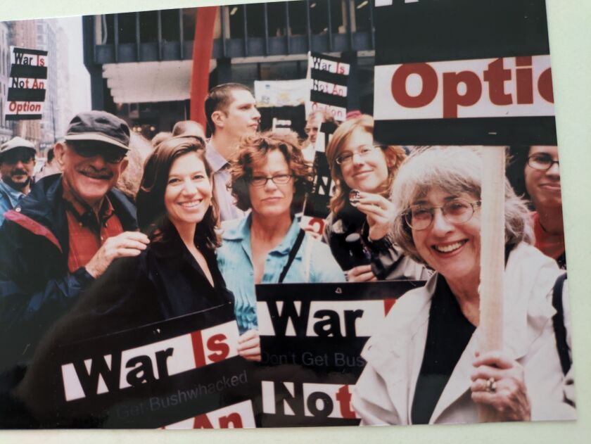 From left: Alan Saks, Jane Saks, friend Mary Brogger, Naomi Tzril Saks and Esther Saks protesting the Gulf War in 1990 in Chicago.