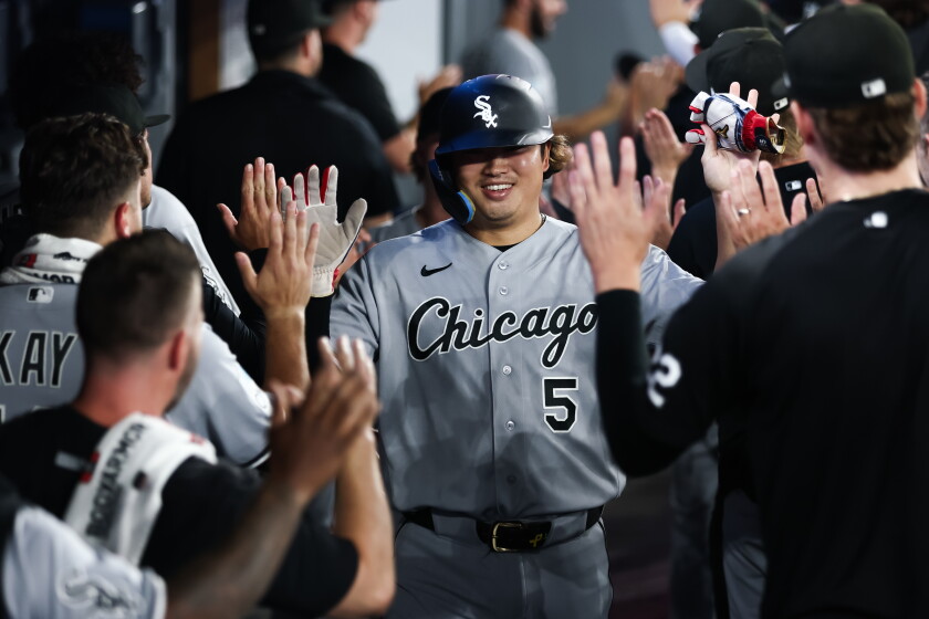 The White Sox' Munetaka Murakami celebrates after scoring against the Blue Jays on July 17.