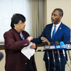 State Rep. La Shawn K. Ford (right) speaks with Resilience Healthcare CEO Manoj Prasad during a news conference Wednesday to explain the financial situation at West Suburban Medical Center in Oak Park and discuss the hospital's temporary closure and plans to try to reopen it.