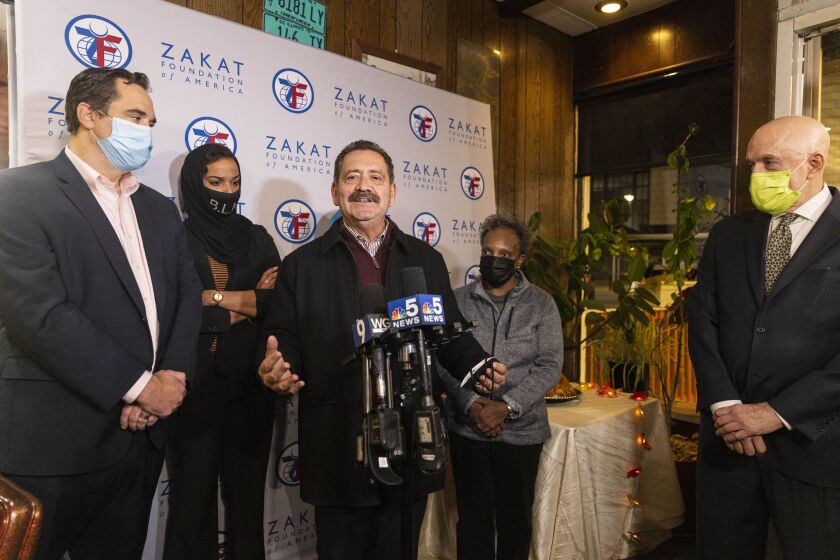 U.S. Rep. Jesus “Chuy” Garcia talks about what Thanksgiving means to him prior to a dinner for Afghan refugees’ first Thanksgiving in America, Tuesday, Nov. 23, 2021, at Golden House Restaurant in Uptown.