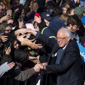 Presidential Candidate Bernie Sanders shakes hands with crowd members, after his rally in Grant Park, Saturday, March 7, 2020.
