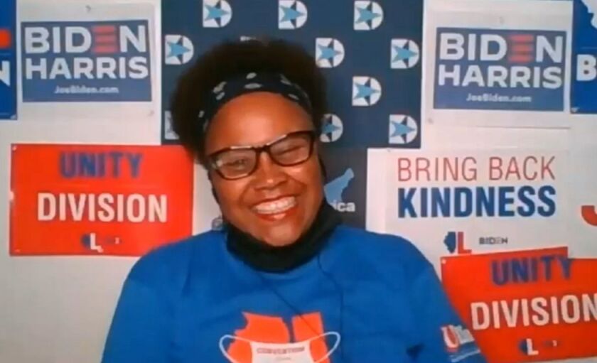 Cook County Clerk Karen Yarbrough speaks at an Illinois delegation event during the Democratic National Convention last summer.