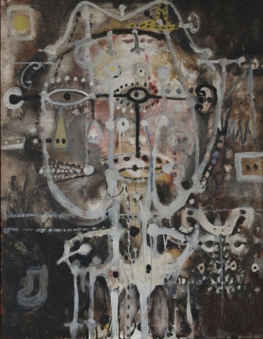George M. Cohen, Man with a Dog, c. 1950, Oil on board. |<br>Courtesy George Cohen Estate. Featured in “Monster Roster” at the Smart Museum of Art
