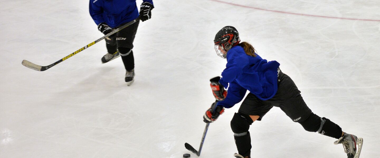 Rachel Arias (left) and Jessica Dare of the Chicago North Stars during practice at Johnny’s IceHouse West.