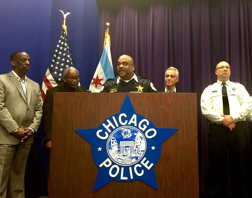 Chicago Police Supt. Eddie Johnson speaks at a press conference at Chicago Police Headquarters in late January to confirm he is on a waiting list for a kidney transplant. Joining Johnson were (from left) Jack Lynch of Gift of Hope; Dr. Paul Crawford; Mayo