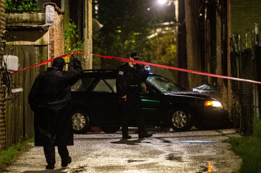 Police with flashlights search the ground at the scene of a shooting