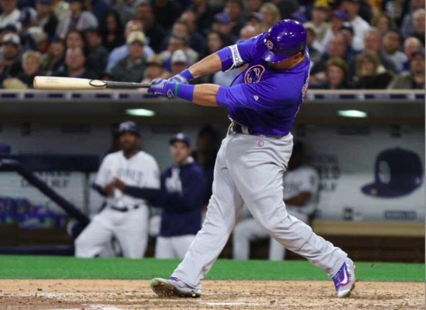 <em>Schwarber hits 0-2 fastball into seats to briefly tie game in top of fifth (Photo: John Antonoff).</em>