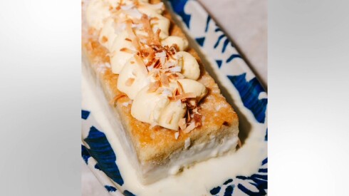 Close-up of Mirra's rasmalai tres leches dessert with saffron