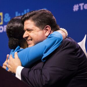 Gubernatorial candidate J.B. Pritzker and his running mate, State Rep. Juliana Stratton, celebrate his win. | Ashlee Rezin/Sun-Times