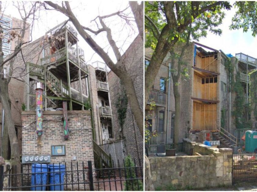 The rear of the building in the 1800 block of North Lincoln, shown (left) at purchase and (right) in July 2018. | Provided by John DeSalvo Design and Google Maps
