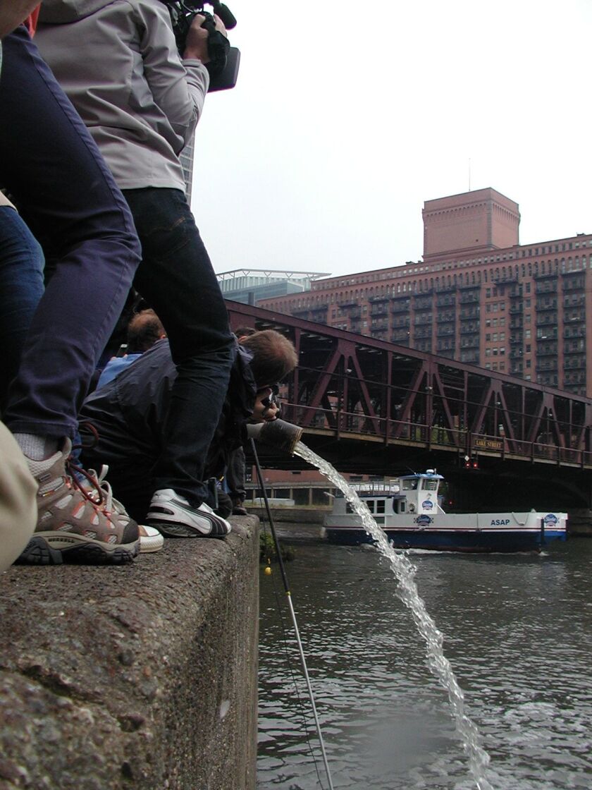 Channel catfish being stocked in the Chicago River in 2014 drew much media interest. Credit: Dale Bowman
