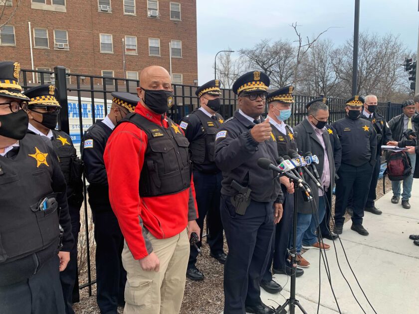 Police Supt. David Brown speaks to reporters after a CPD officer was shot March 25, 2021.