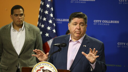 Gov. JB Pritzker speaks to reporters about the state of the nation after an increase in political violence after a roundtable with students at Harold Washington College at 30 E Lake St in the loop, Monday, Sept. 15, 2025.