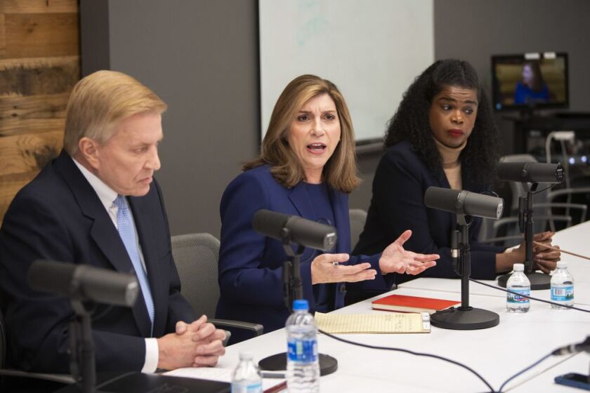 Cook County Democratic State’s Attorney candidates, from left, Bob Fioretti, Donna More and incumbent Kim Foxx met with the Sun-Times Editorial Board Tuesday, February 4, 2020.